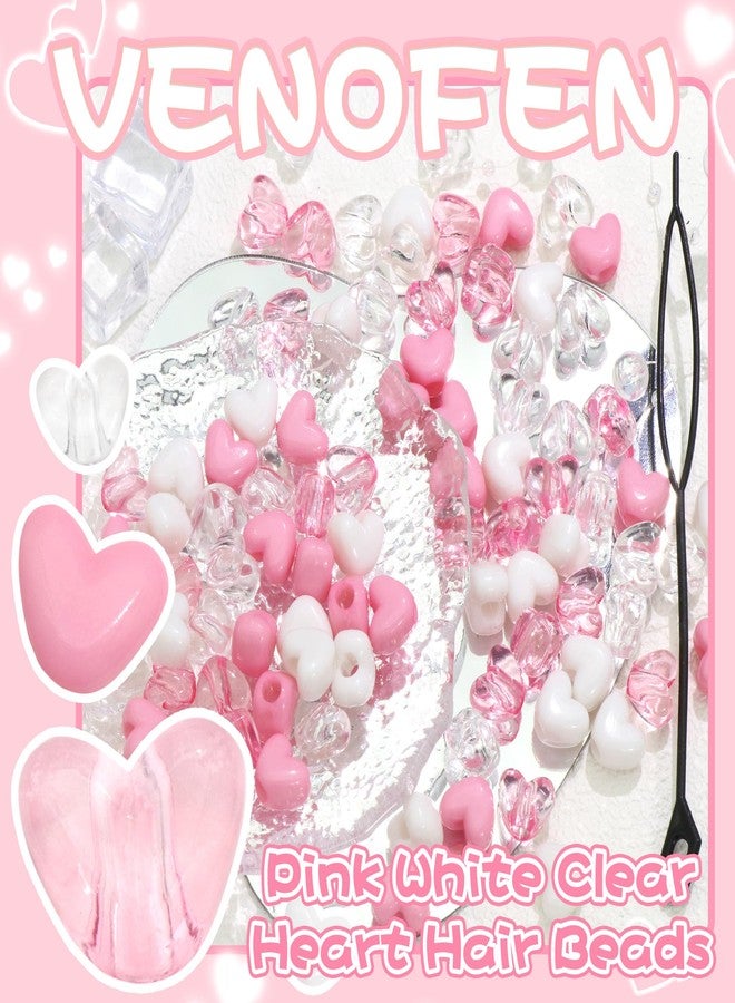 VENOFEN 88PCS Pink White Hair Beads for Braids Lovely Heart Shape Loc Dreadlock Bead Accessories Cute Acrylic Small Pony Beads for Kids Girls - Image 2